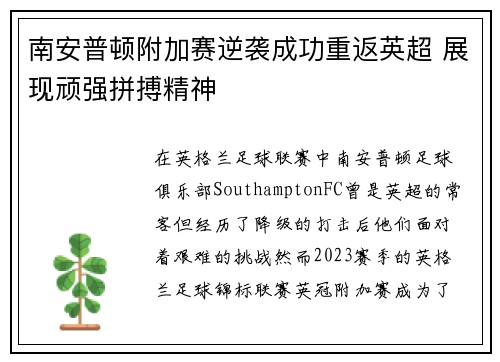 南安普顿附加赛逆袭成功重返英超 展现顽强拼搏精神